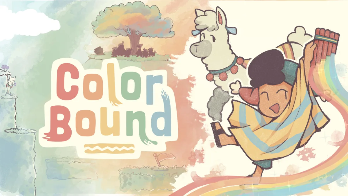 colorbound Ilustración oficial de Colorbound: Anku, con poncho de rayas y una zampoña, salta junto a una llama al lado del logotipo del juego
