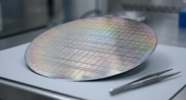 Una oblea de silicio redonda y sin marcas, inclinada sobre una mesa clara de laboratorio, con reflejos irisados de arcoíris sobre su cuadrícula de pequeños rectángulos idénticos; a la derecha, unas pinzas metálicas apoyadas y, al fondo, un laboratorio desenfocado. Imagen generada con IA.