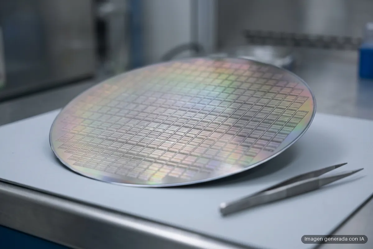 como-funciona-procesador-transistor-ejecucion-instrucciones Una oblea de silicio redonda y sin marcas, inclinada sobre una mesa clara de laboratorio, con reflejos irisados de arcoíris sobre su cuadrícula de pequeños rectángulos idénticos; a la derecha, unas pinzas metálicas apoyadas y, al fondo, un laboratorio desenfocado. Imagen generada con IA.