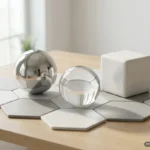Una esfera de metal pulido, una esfera de cristal transparente y un cubo de cerámica blanca mate sobre baldosas hexagonales blancas y grises, encima de una mesa de madera clara junto a una ventana luminosa; la esfera metálica refleja la habitación y la de cristal deforma las baldosas que tiene detrás. Imagen generada con IA.