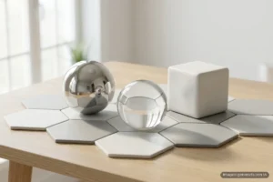 Una esfera de metal pulido, una esfera de cristal transparente y un cubo de cerámica blanca mate sobre baldosas hexagonales blancas y grises, encima de una mesa de madera clara junto a una ventana luminosa; la esfera metálica refleja la habitación y la de cristal deforma las baldosas que tiene detrás. Imagen generada con IA.