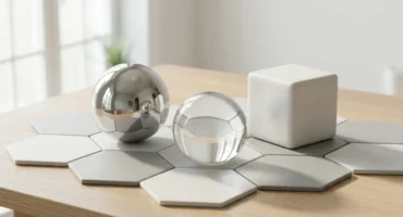 Una esfera de metal pulido, una esfera de cristal transparente y un cubo de cerámica blanca mate sobre baldosas hexagonales blancas y grises, encima de una mesa de madera clara junto a una ventana luminosa; la esfera metálica refleja la habitación y la de cristal deforma las baldosas que tiene detrás. Imagen generada con IA.