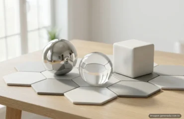 Una esfera de metal pulido, una esfera de cristal transparente y un cubo de cerámica blanca mate sobre baldosas hexagonales blancas y grises, encima de una mesa de madera clara junto a una ventana luminosa; la esfera metálica refleja la habitación y la de cristal deforma las baldosas que tiene detrás. Imagen generada con IA.