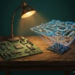 Una placa de circuito antigua y verde sobre una mesa de madera bajo un flexo y, a su lado, su réplica hecha de líneas de luz azul y ámbar flotando sobre una placa moderna negra. Imagen generada con IA.