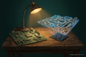 Una placa de circuito antigua y verde sobre una mesa de madera bajo un flexo y, a su lado, su réplica hecha de líneas de luz azul y ámbar flotando sobre una placa moderna negra. Imagen generada con IA.