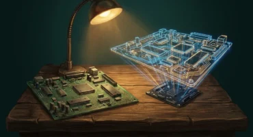 Una placa de circuito antigua y verde sobre una mesa de madera bajo un flexo y, a su lado, su réplica hecha de líneas de luz azul y ámbar flotando sobre una placa moderna negra. Imagen generada con IA.