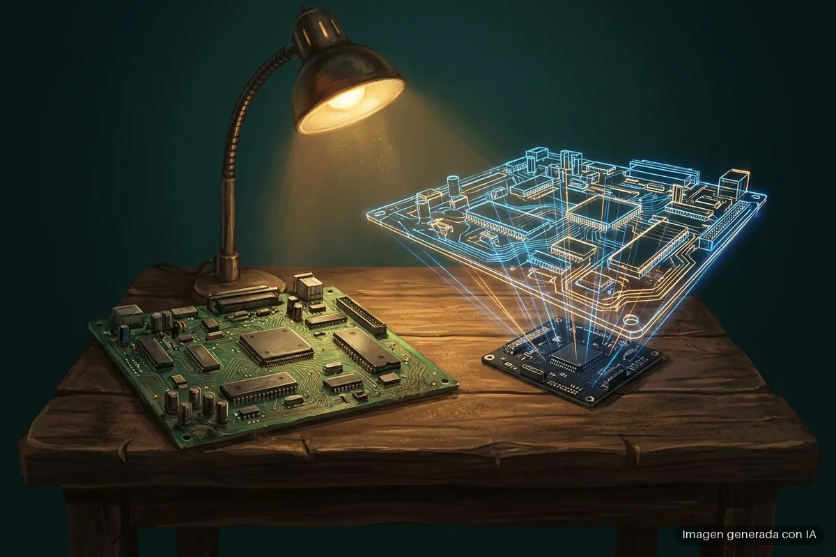 como-funciona-tecnicamente-emulador Una placa de circuito antigua y verde sobre una mesa de madera bajo un flexo y, a su lado, su réplica hecha de líneas de luz azul y ámbar flotando sobre una placa moderna negra. Imagen generada con IA.