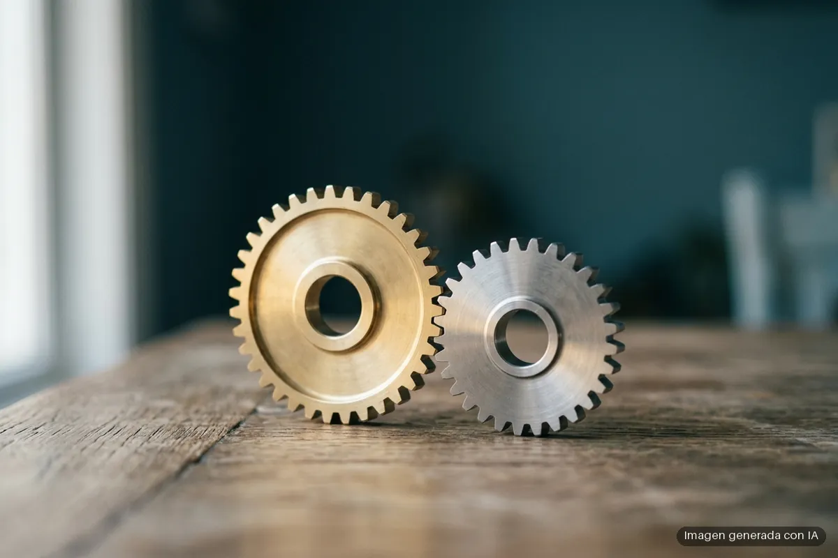 como-funcionan-wine-proton-ejecutar-programas-windows-linux Dos engranajes metálicos nuevos de distinto tamaño, uno grande de latón y otro pequeño de acero pulido, de pie y encajados sobre una mesa de madera junto a una ventana, con un fondo desenfocado azul petróleo. Imagen generada con IA.