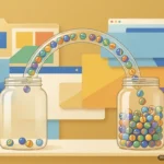Dos tarros de cristal unidos por un tubo en arco por el que pasan canicas de colores del tarro casi vacío al lleno, sin que caiga ninguna, sobre fondo mostaza. Imagen generada con IA.