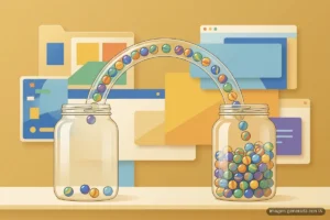 Dos tarros de cristal unidos por un tubo en arco por el que pasan canicas de colores del tarro casi vacío al lleno, sin que caiga ninguna, sobre fondo mostaza. Imagen generada con IA.