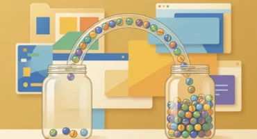 Dos tarros de cristal unidos por un tubo en arco por el que pasan canicas de colores del tarro casi vacío al lleno, sin que caiga ninguna, sobre fondo mostaza. Imagen generada con IA.