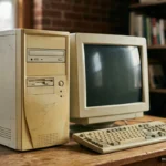 Ordenador de torre antiguo de color beige con unidad de CD y disquetera, junto a un monitor CRT apagado y un teclado beige. Imagen generada con IA.