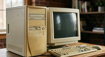 Ordenador de torre antiguo de color beige con unidad de CD y disquetera, junto a un monitor CRT apagado y un teclado beige. Imagen generada con IA.