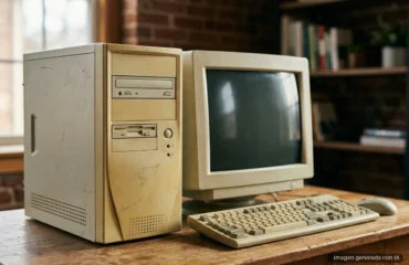 Ordenador de torre antiguo de color beige con unidad de CD y disquetera, junto a un monitor CRT apagado y un teclado beige. Imagen generada con IA.