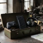 Mando, teclado y auriculares negros genéricos en una caja de herramientas oxidada sobre un banco de taller. Imagen generada con IA.