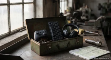 Mando, teclado y auriculares negros genéricos en una caja de herramientas oxidada sobre un banco de taller. Imagen generada con IA.