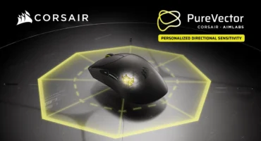 Ratón Sabre v3 Pro PureVector negro sobre un octógono amarillo luminoso, con los logotipos de Corsair y PureVector y un rótulo sobre la sensibilidad