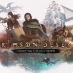 Arte de Charting the Unknown con tres personajes de Crimson Desert, un velero y un buzo bajo el agua