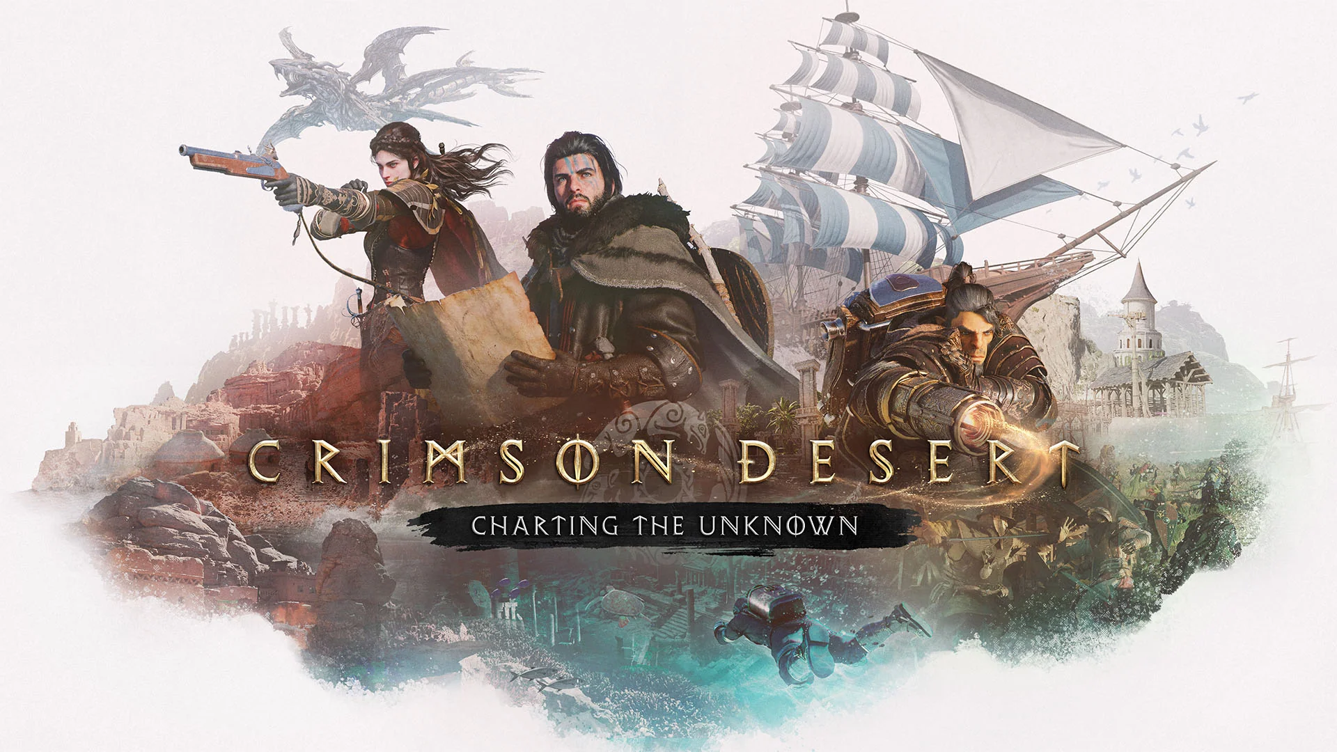 crimson-desert-charting-the-unknown Arte de Charting the Unknown con tres personajes de Crimson Desert, un velero y un buzo bajo el agua