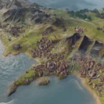 Captura de Crusader Kings III: Silk & Silver con una costa, ciudades y montañas en el mapa