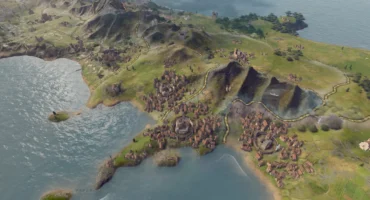 Captura de Crusader Kings III: Silk & Silver con una costa, ciudades y montañas en el mapa