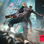 Ilustración oficial de la actualización Edgerunners 2 de Cyberpunk 2077: dos personajes armados, espalda con espalda sobre un coche destrozado en Night City