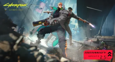 Ilustración oficial de la actualización Edgerunners 2 de Cyberpunk 2077: dos personajes armados, espalda con espalda sobre un coche destrozado en Night City