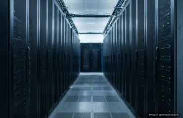 Pasillo de un centro de datos entre dos filas de armarios de servidores negros con pequeñas luces de estado verdes y azules. Imagen generada con IA.