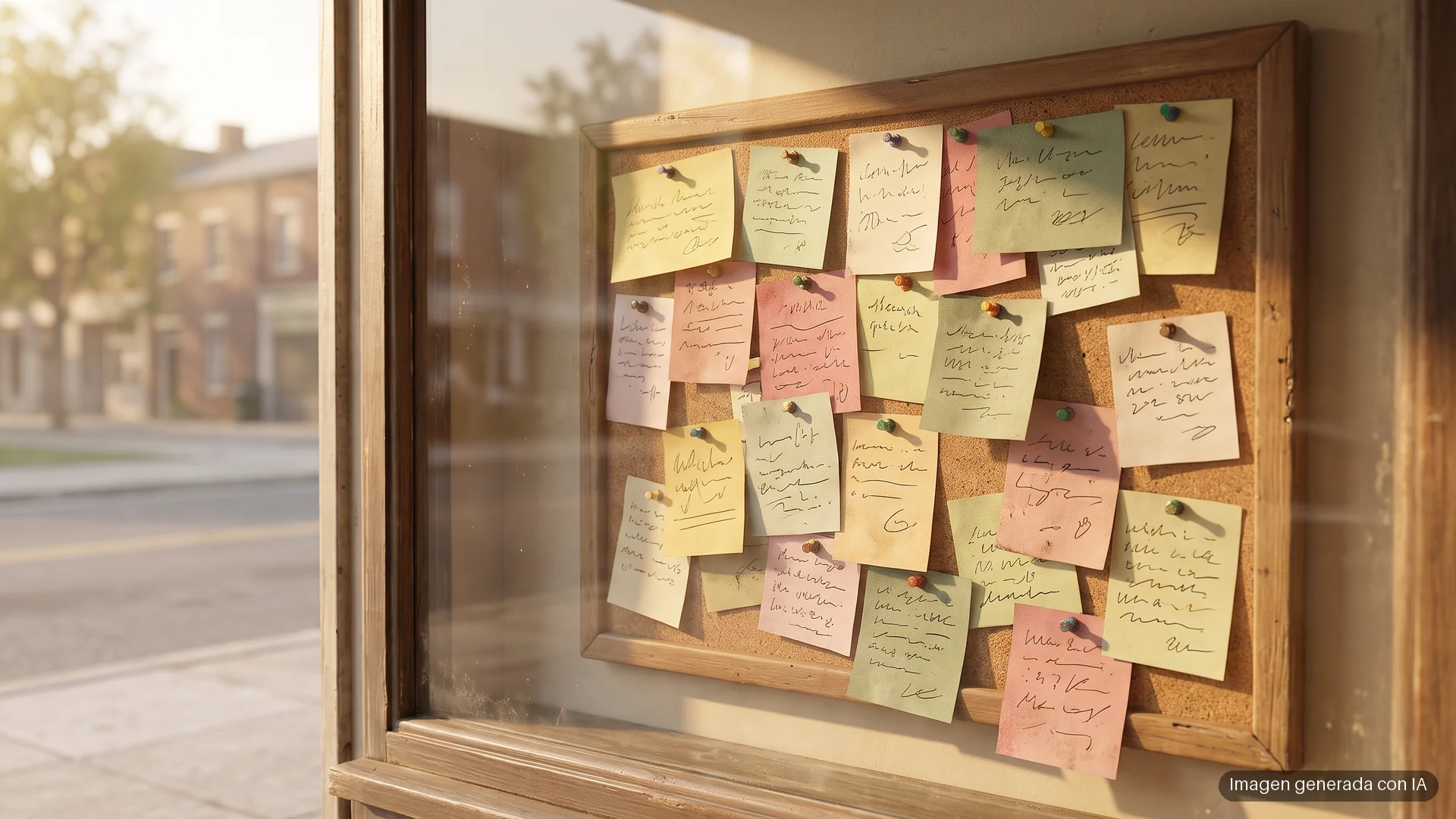discord-server-web-pages Tablón de corcho con notas de papel de colores clavadas con chinchetas tras el escaparate de una tienda. Imagen generada con IA.