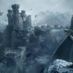 Imagen oficial de Dragon’s Dogma 2: Dark Arisen con un personaje de espaldas, con espada y escudo, ante una fortaleza en ruinas entre montañas nevadas