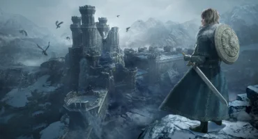 Imagen oficial de Dragon’s Dogma 2: Dark Arisen con un personaje de espaldas, con espada y escudo, ante una fortaleza en ruinas entre montañas nevadas