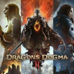 Ilustración oficial de Dragon's Dogma 2: un caballero de armadura negra, una figura de rasgos felinos y una arquera sobre el logotipo del juego