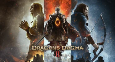 Ilustración oficial de Dragon's Dogma 2: un caballero de armadura negra, una figura de rasgos felinos y una arquera sobre el logotipo del juego