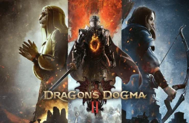 dragons-dogma-2-modo-dificil-dark-arisen Ilustración oficial de Dragon's Dogma 2: un caballero de armadura negra, una figura de rasgos felinos y una arquera sobre el logotipo del juego