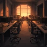Sala de un estudio de desarrollo vacía al atardecer, con filas de mesas, monitores apagados, sillas de oficina y cajas de cartón. Imagen generada con IA.