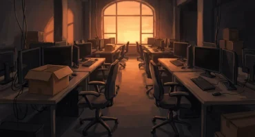 Sala de un estudio de desarrollo vacía al atardecer, con filas de mesas, monitores apagados, sillas de oficina y cajas de cartón. Imagen generada con IA.
