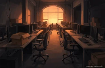 Sala de un estudio de desarrollo vacía al atardecer, con filas de mesas, monitores apagados, sillas de oficina y cajas de cartón. Imagen generada con IA.
