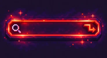 Barra de búsqueda en pixel art con el borde rojo incandescente, una lupa y una flecha en zigzag