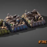Tres ensambladoras de Factorio renderizadas en verde, azul y gris, llenas de engranajes, poleas y cadenas, sobre un fondo gris liso con el logotipo del juego