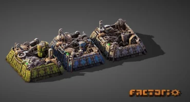 Tres ensambladoras de Factorio renderizadas en verde, azul y gris, llenas de engranajes, poleas y cadenas, sobre un fondo gris liso con el logotipo del juego
