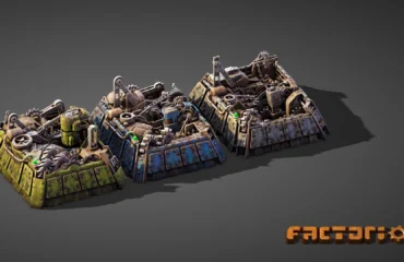 Tres ensambladoras de Factorio renderizadas en verde, azul y gris, llenas de engranajes, poleas y cadenas, sobre un fondo gris liso con el logotipo del juego