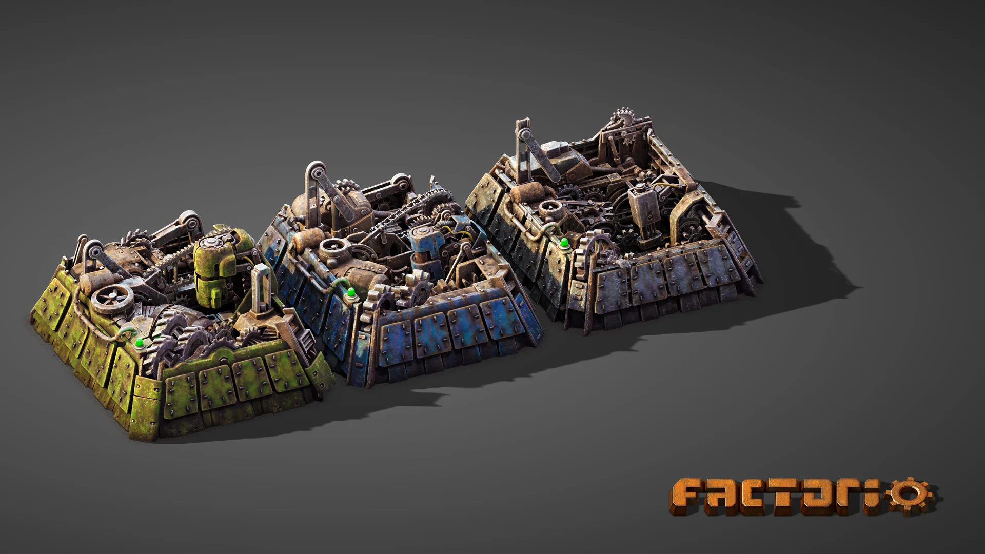 factorio-2-1-estable Tres ensambladoras de Factorio renderizadas en verde, azul y gris, llenas de engranajes, poleas y cadenas, sobre un fondo gris liso con el logotipo del juego