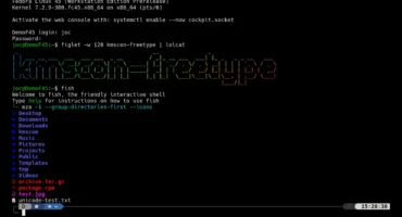 Consola de texto de Fedora 45 con kmscon y fuentes FreeType, con la shell fish y la fuente Hack Nerd Font