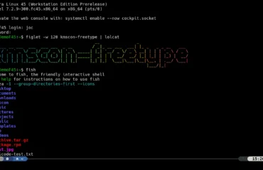 fedora-45-kmscon-consola Consola de texto de Fedora 45 con kmscon y fuentes FreeType, con la shell fish y la fuente Hack Nerd Font