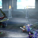 Captura oficial de Final Fantasy Resonance: Gilgamesh, con varios brazos armados con espadas, frente a un grupo de seis héroes en una sala de piedra