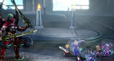 Captura oficial de Final Fantasy Resonance: Gilgamesh, con varios brazos armados con espadas, frente a un grupo de seis héroes en una sala de piedra