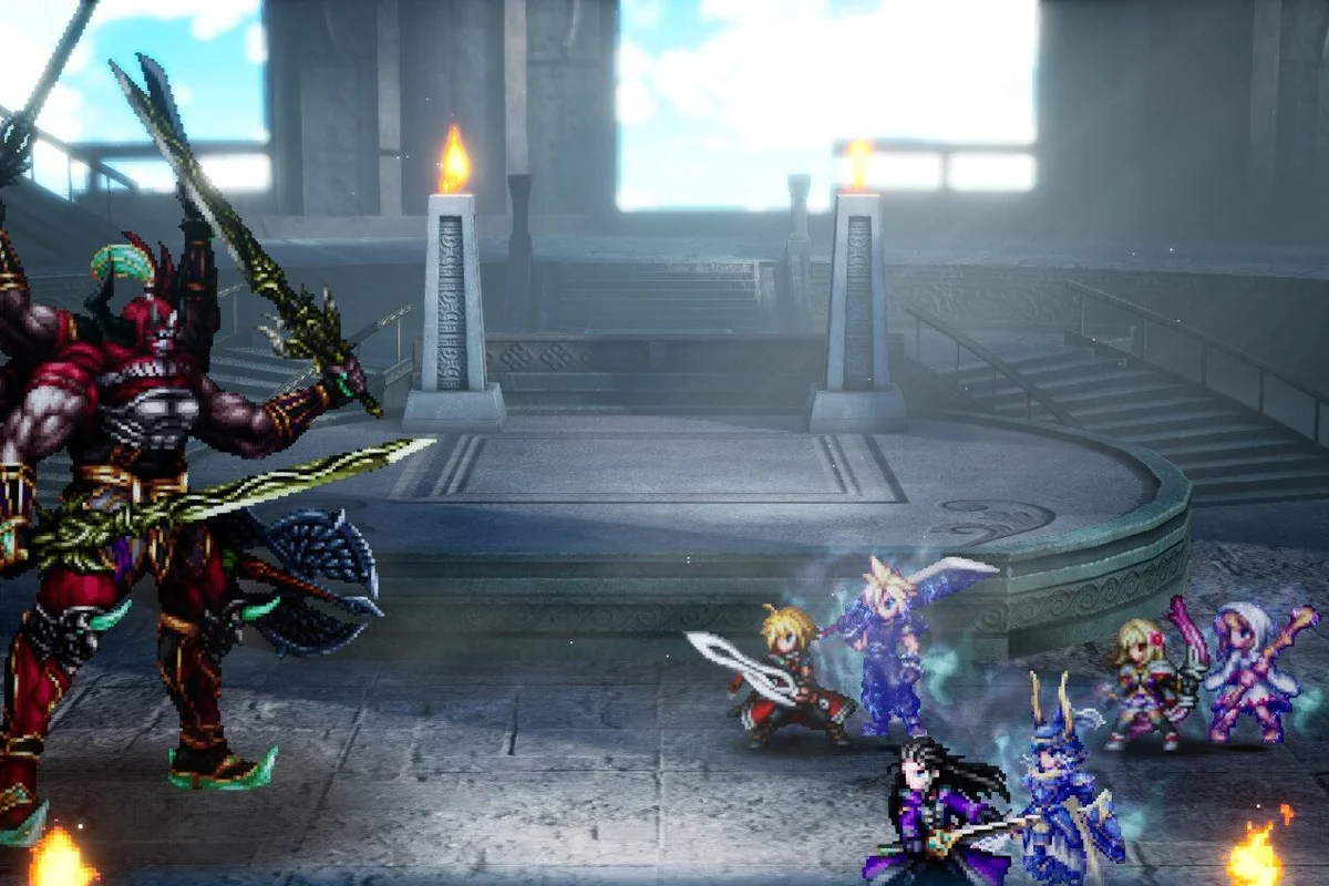 final-fantasy-resonance-visiones Captura oficial de Final Fantasy Resonance: Gilgamesh, con varios brazos armados con espadas, frente a un grupo de seis héroes en una sala de piedra