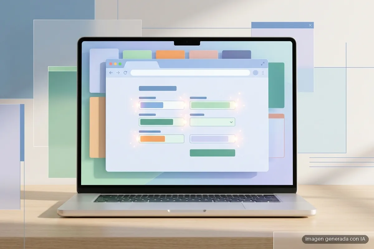 firefox-158 Ordenador portátil sobre un escritorio de madera con un navegador genérico en pantalla y un formulario cuyos campos se rellenan solos. Imagen generada con IA.