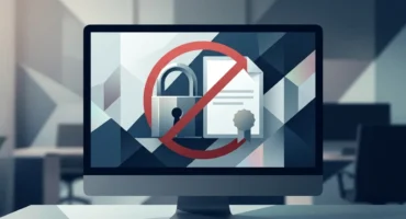 Monitor de un ordenador de sobremesa con un candado y un certificado digital cruzados por una señal roja de bloqueo. Imagen generada con IA.