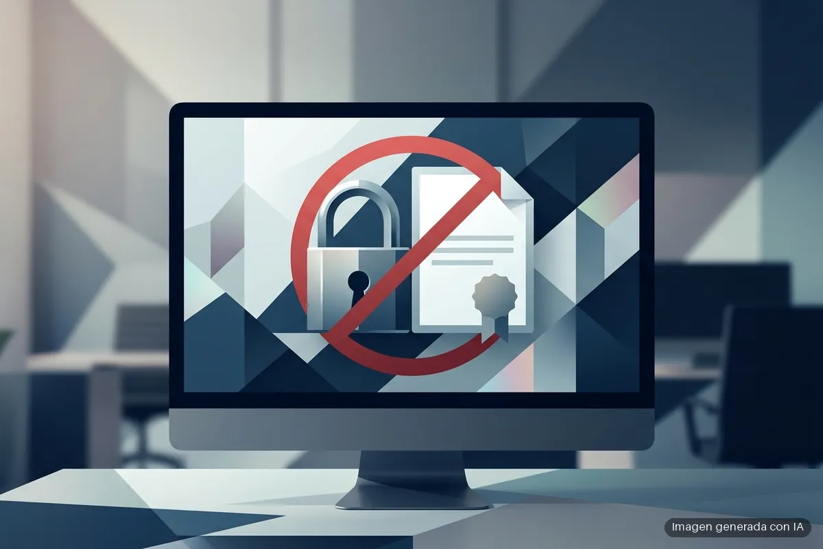 firefox-certificados-emudhra Monitor de un ordenador de sobremesa con un candado y un certificado digital cruzados por una señal roja de bloqueo. Imagen generada con IA.